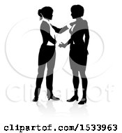 Poster, Art Print Of Silhouetted Business Women Shaking Hands With A Shadow On A White Background