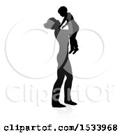 Clipart Of A Silhouetted Mother Lifting Up Her Son With A Shadow On A White Background Royalty Free Vector Illustration