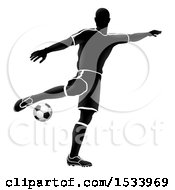 Clipart Of A Silhouetted Soccer Player In Action Royalty Free Vector Illustration