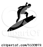 Poster, Art Print Of Silhouetted Surfer With A Reflection Or Shadow On A White Background