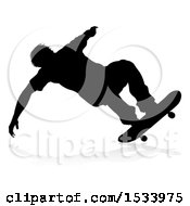 Clipart Of A Silhouetted Male Skateboarder With A Reflection Or Shadow On A White Background Royalty Free Vector Illustration