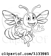 Poster, Art Print Of Black And White Happy Friendly Bee Mascot Waving