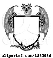 Poster, Art Print Of Black And White Dragon Holding A Shield