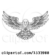 Clipart Of A Black And White Swooping American Bald Eagle With A Golf Ball In His Talons Royalty Free Vector Illustration