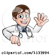 Clipart Of A Cartoon Friendly Brunette White Male Doctor Waving Over A Sign Royalty Free Vector Illustration