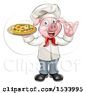 Clipart Of A Full Length Chef Pig Gesturing Perfect And Holding A Pizza Royalty Free Vector Illustration by AtStockIllustration