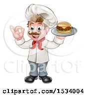 Poster, Art Print Of White Male Chef Gesturing Ok And Holding A Cheeseburger On A Tray