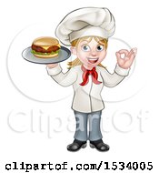 Poster, Art Print Of Happy White Female Chef Gesturing Ok And Holding A Cheese Burger On A Tray