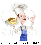 White Male Chef With A Curling Mustache Holding A Souvlaki Kebab Sandwich And French Fries On A Tray
