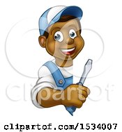 Clipart Of A Black Male Electrician Holding A Screwdriver Around A Sign Royalty Free Vector Illustration
