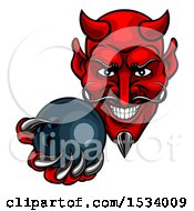 Poster, Art Print Of Grinning Evil Red Devil Holding Out A Bowling Ball In A Clawed Hand