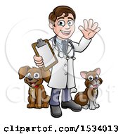 Poster, Art Print Of Cartoon Happy May Veterinarian Waving And Holding A Clipboard With A Dog And Cat