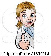 Clipart Of A Cartoon Friendly White Female Scientist Giving A Thumb Up Around A Sign Royalty Free Vector Illustration