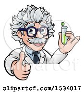 Poster, Art Print Of Cartoon Senior Male Scientist Giving A Thumb Up And Holding A Test Tube Over A Sign