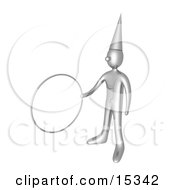 Silver Clown Wearing A Pointed Hat Holding Out A Hoop While Performing A Magic Trick At A Circus Birthday Party Or Carnival Clipart Illustration Image