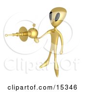 Gold Alien Preparing To Kill With A Powerful Lasergun During An Alien Invasion