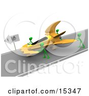 Three Green Aliens Pushing Their Yellow Ufo To A Gas Station After Running Out Of Gasoline Clipart Illustration Image