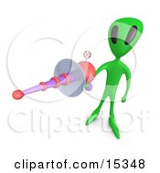 Green Alien Preparing To Kill With A Powerful Lasergun During An Alien Invasion