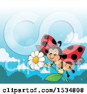 Clipart Of A Ladybug Flying With A Flower Royalty Free Vector Illustration