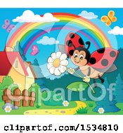 Clipart Of A Ladybug Flying With A Flower Royalty Free Vector Illustration