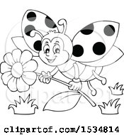 Clipart Of A Black And White Ladybug Flying With A Flower Royalty Free Vector Illustration