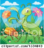 Poster, Art Print Of Beetle And A Green Praying Mantis