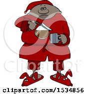 Cartoon Black Man In Slippers And Pajamas Pouring His Morning Coffee