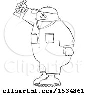 Clipart Of A Cartoon Lineart Black Male Worker Shining A Flashlight Royalty Free Vector Illustration