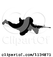 Clipart Of A Silhouetted Soldier Sniper With A Reflection Or Shadow On A White Background Royalty Free Vector Illustration