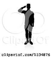 Poster, Art Print Of Silhouetted Soldier Soluting With A Reflection Or Shadow On A White Background