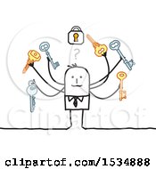 Clipart Of A Stick Business Man Trying To Find The Correct Key For A Padlock Royalty Free Vector Illustration by NL shop