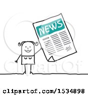 Clipart Of A Stick Woman Holding Up A Newspaper Royalty Free Vector Illustration