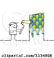 Clipart Of A Stick Man Painting Idea Lightbulbs On A Door Royalty Free Vector Illustration