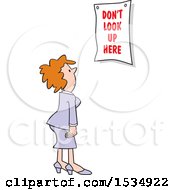 Clipart Of A White Business Woman Looking At A Dont Look Up Here Sign Royalty Free Vector Illustration