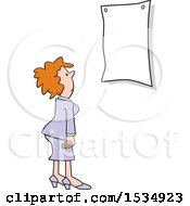 Clipart Of A White Business Woman Looking At A Blank Sign Royalty Free Vector Illustration
