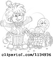 Clipart Of A Black And White Party Clown With A Bag Of Tricks Royalty Free Vector Illustration