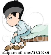 Clipart Of A Sad Or Tired Boy Sitting On The Foot Of His Bead Royalty Free Vector Illustration by dero