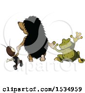 Rear View Of A Cricket Hedgehog And Frog Holding Hands