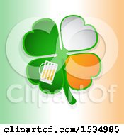 Poster, Art Print Of St Patricks Day Four Leaf Shamrock Clover With Irish Flag Themed Petals And Beer Over Gradient
