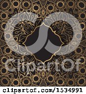 Clipart Of A Blank Frame Over A Background Of Gold Pattern On Black Royalty Free Vector Illustration