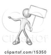 Silver Person Standing And Holding Up A Blank Sign For An Advertisement Clipart Illustration Image