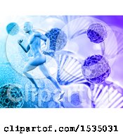 Clipart Of A 3d Man Running Over Virus Cells And Dna Strands Royalty Free Illustration