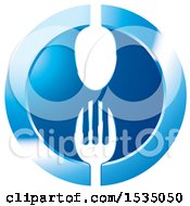 Poster, Art Print Of Round Blue Icon With A Spoon And Fork