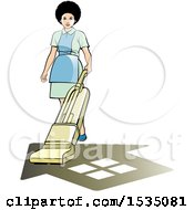 Clipart Of A Housekeeper Using A Vacuum Or Floor Polisher Over A Home Shadow Royalty Free Vector Illustration