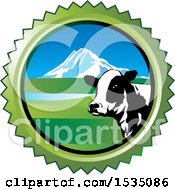 Poster, Art Print Of Dairy Cow And Mountain In A Round Frame