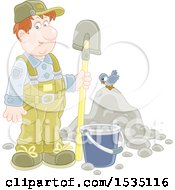 Poster, Art Print Of White Male Worker Standing With A Spade By A Bucket And Pile Of Dirt With A Bird