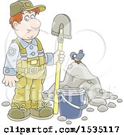 Poster, Art Print Of Caucasian Male Worker Standing With A Spade By A Bucket And Pile Of Dirt With A Bird
