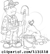 Clipart Of A Black And White Male Worker Standing With A Spade By A Bucket And Pile Of Dirt With A Bird Royalty Free Vector Illustration