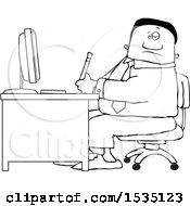 Clipart Of A Lineart Black Business Man Working At An Office Desk Royalty Free Vector Illustration