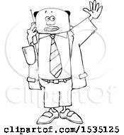 Poster, Art Print Of Lineart Black Business Man Waving And Talking On A Cell Phone